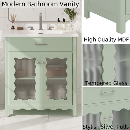 31' Bathroom Vanity with Tempered Glass, Modern Bathroom Cabinet with Rubber Wood legs and Soft close Doors, Green