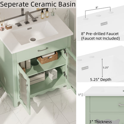 31' Bathroom Vanity with Tempered Glass, Modern Bathroom Cabinet with Rubber Wood legs and Soft close Doors, Green