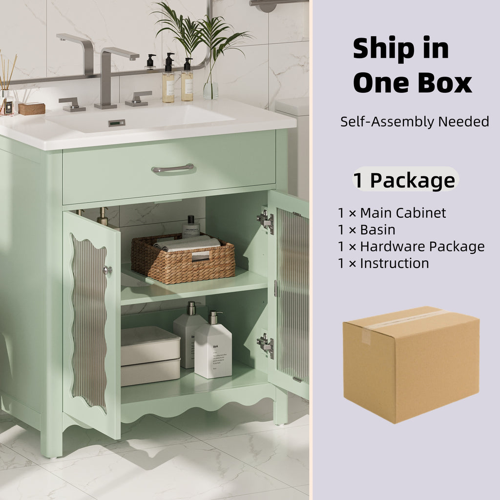 31' Bathroom Vanity with Tempered Glass, Modern Bathroom Cabinet with Rubber Wood legs and Soft close Doors, Green