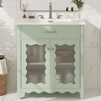 31' Bathroom Vanity with Tempered Glass, Modern Bathroom Cabinet with Rubber Wood legs and Soft close Doors, Green
