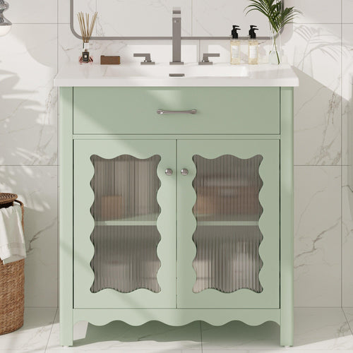 Modern Green Bathroom Vanity with Tempered Glass and Rubber Wood Legs.