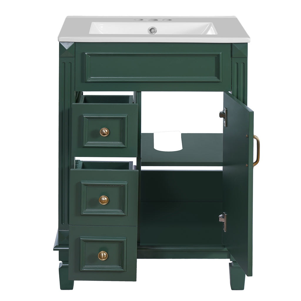 24' Bathroom Vanity with Ceramic Sink, Small Bathroom Sink Cabinet, Modern Cabinet with 2 Drawers and Adjustable Shelf