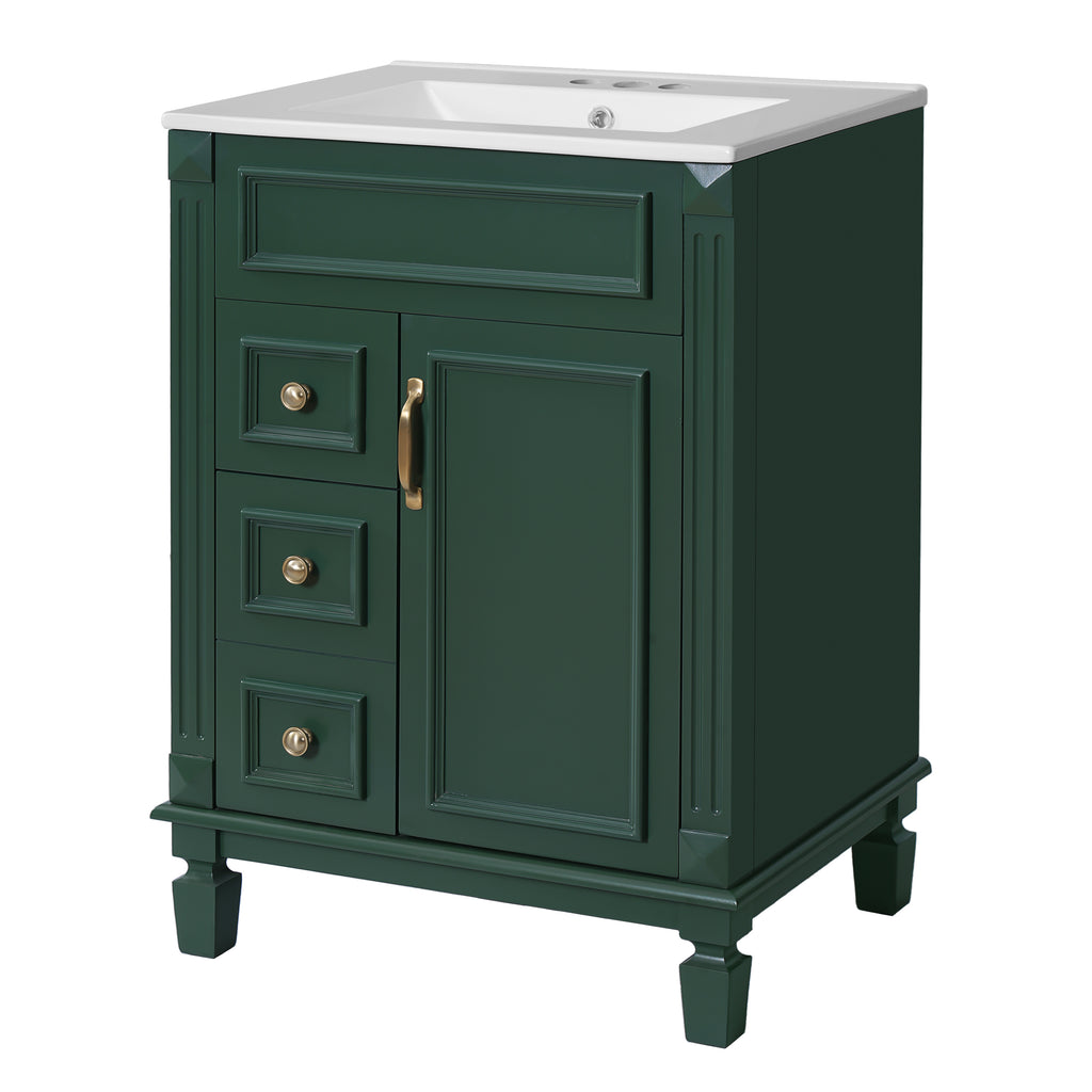 24' Bathroom Vanity with Ceramic Sink, Small Bathroom Sink Cabinet, Modern Cabinet with 2 Drawers and Adjustable Shelf