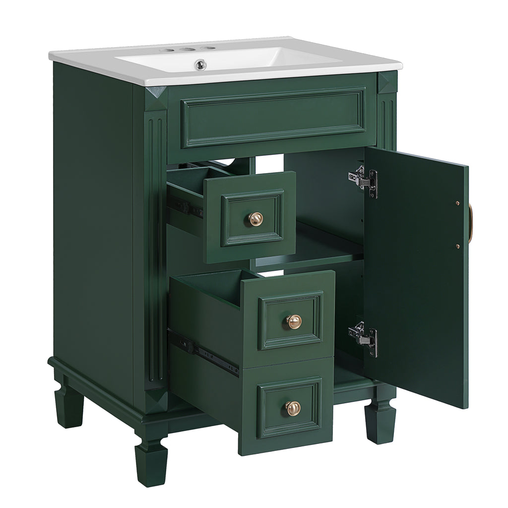 24' Bathroom Vanity with Ceramic Sink, Small Bathroom Sink Cabinet, Modern Cabinet with 2 Drawers and Adjustable Shelf