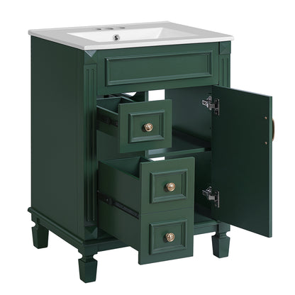 24' Bathroom Vanity with Ceramic Sink, Small Bathroom Sink Cabinet, Modern Cabinet with 2 Drawers and Adjustable Shelf