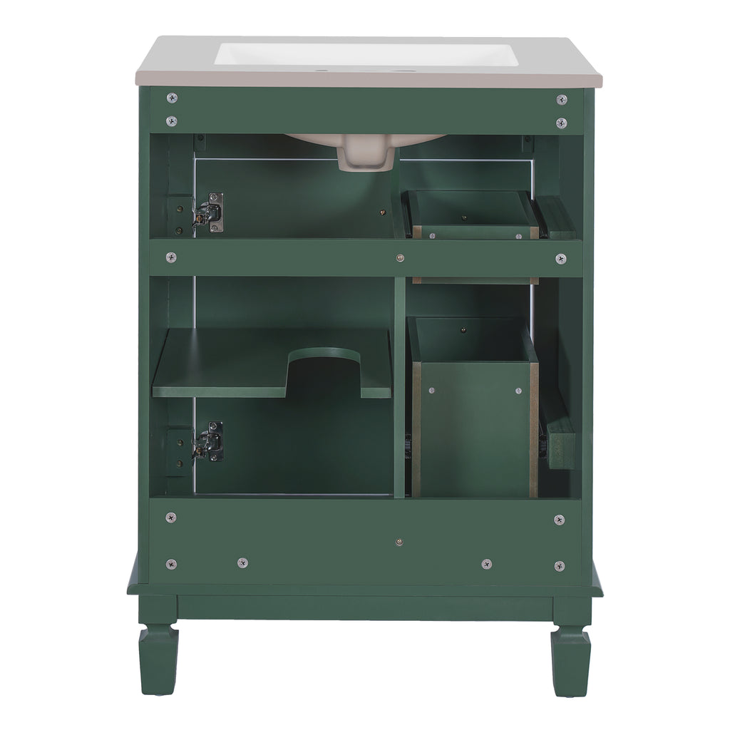 24' Bathroom Vanity with Ceramic Sink, Small Bathroom Sink Cabinet, Modern Cabinet with 2 Drawers and Adjustable Shelf