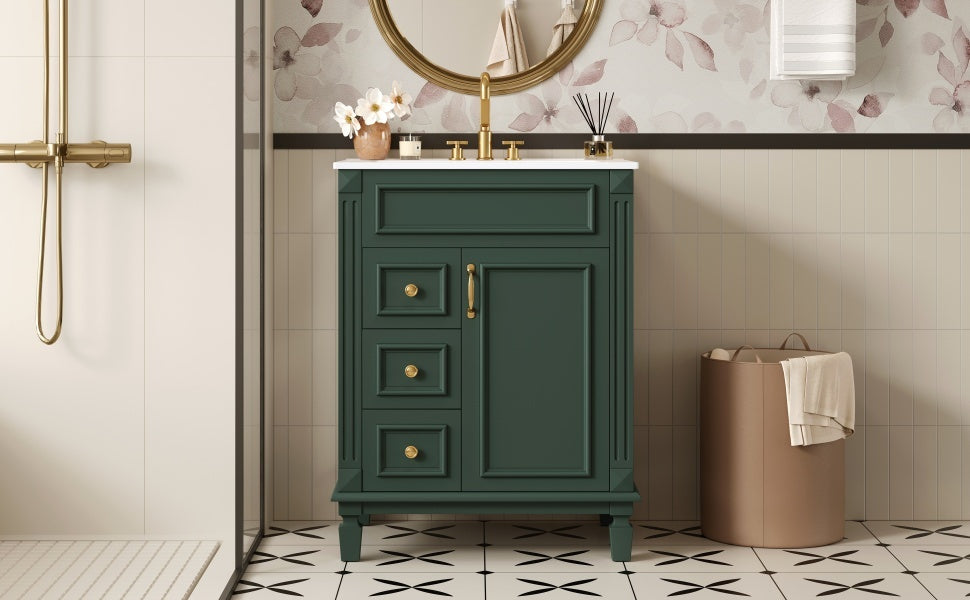 24' Bathroom Vanity with Ceramic Sink, Small Bathroom Sink Cabinet, Modern Cabinet with 2 Drawers and Adjustable Shelf