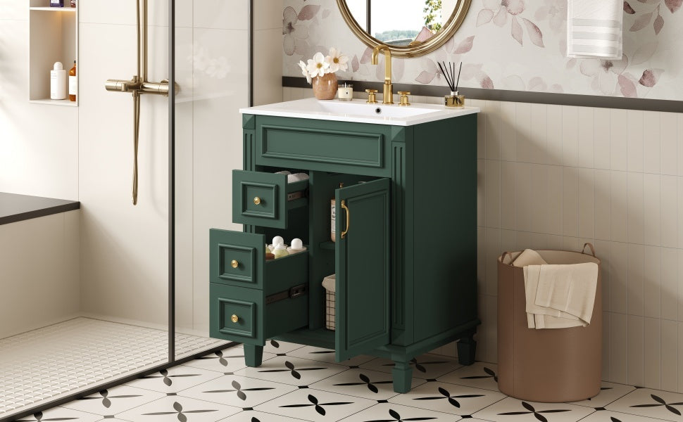 24' Bathroom Vanity with Ceramic Sink, Small Bathroom Sink Cabinet, Modern Cabinet with 2 Drawers and Adjustable Shelf