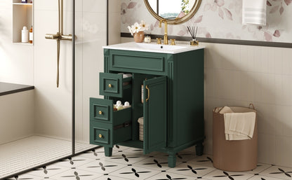 24' Bathroom Vanity with Ceramic Sink, Small Bathroom Sink Cabinet, Modern Cabinet with 2 Drawers and Adjustable Shelf