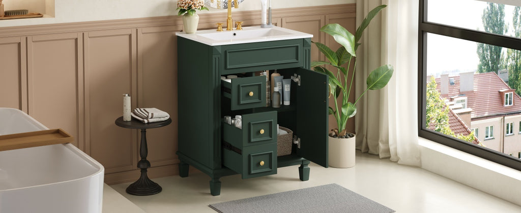 24' Bathroom Vanity with Ceramic Sink, Small Bathroom Sink Cabinet, Modern Cabinet with 2 Drawers and Adjustable Shelf