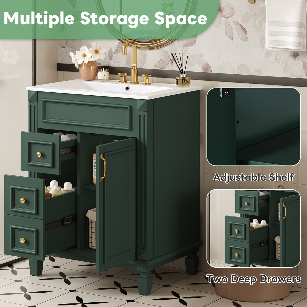 24' Bathroom Vanity with Ceramic Sink, Small Bathroom Sink Cabinet, Modern Cabinet with 2 Drawers and Adjustable Shelf