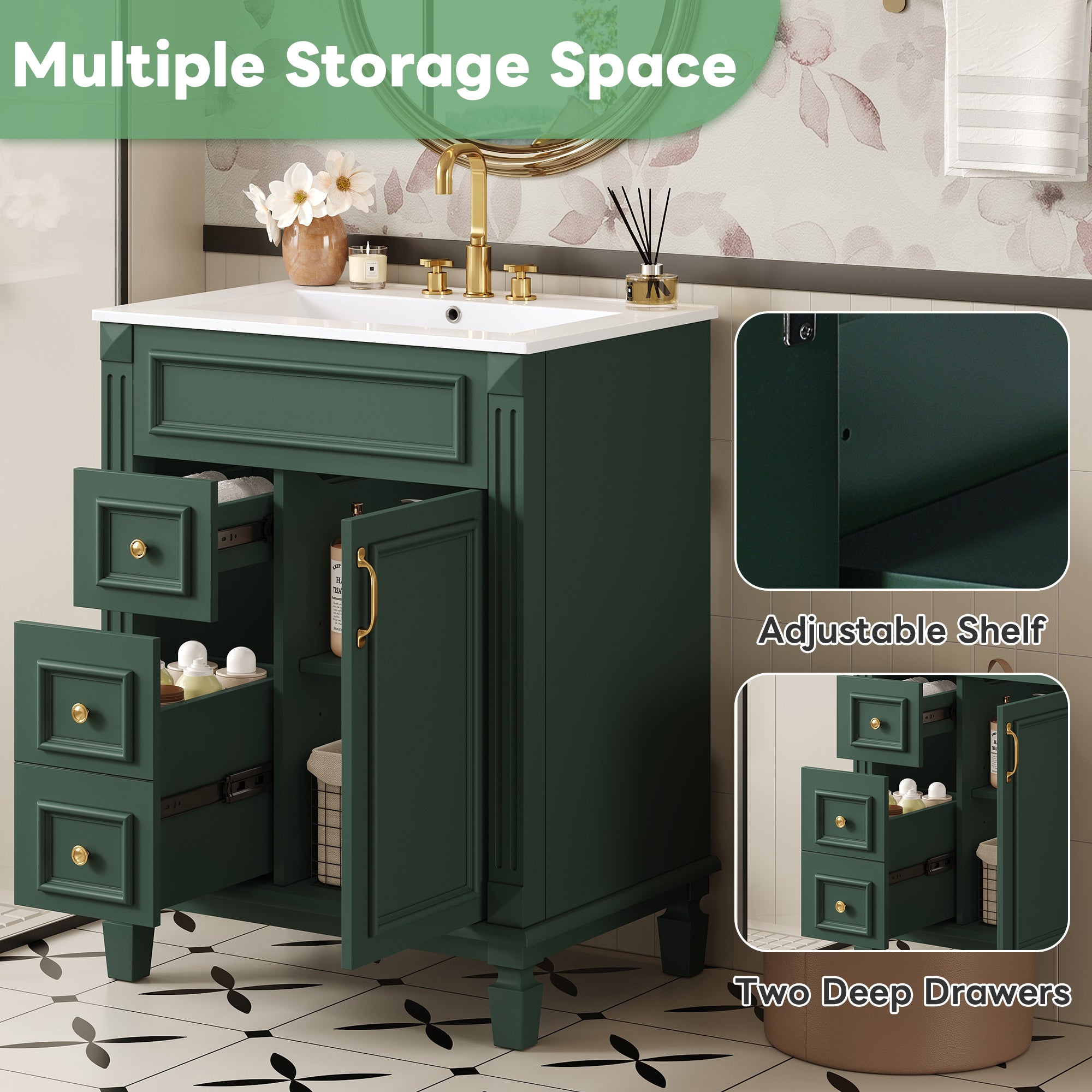 24' Bathroom Vanity with Ceramic Sink, Small Bathroom Sink Cabinet, Modern Cabinet with 2 Drawers and Adjustable Shelf