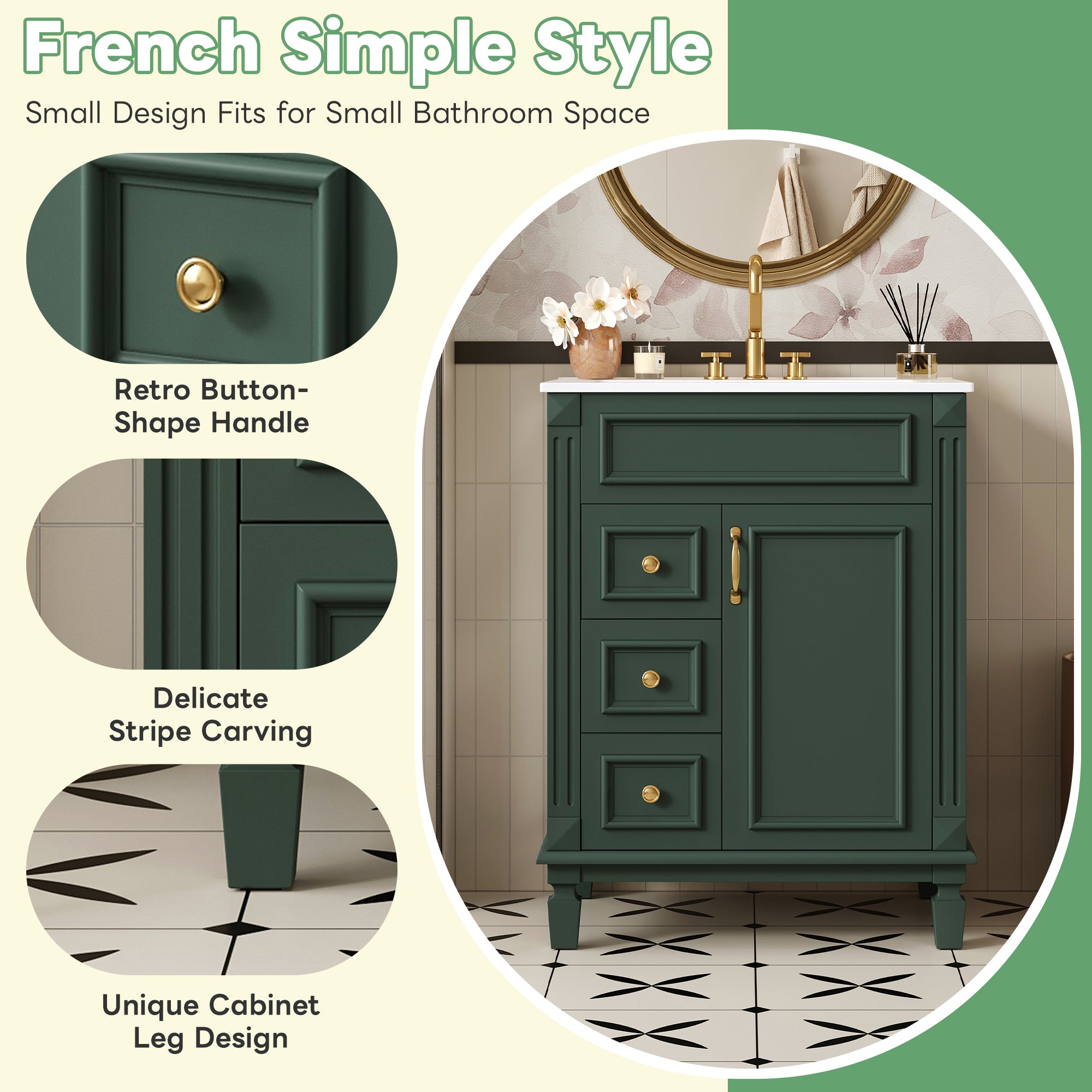 24' Bathroom Vanity with Ceramic Sink, Small Bathroom Sink Cabinet, Modern Cabinet with 2 Drawers and Adjustable Shelf