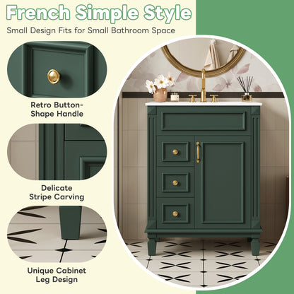 24' Bathroom Vanity with Ceramic Sink, Small Bathroom Sink Cabinet, Modern Cabinet with 2 Drawers and Adjustable Shelf