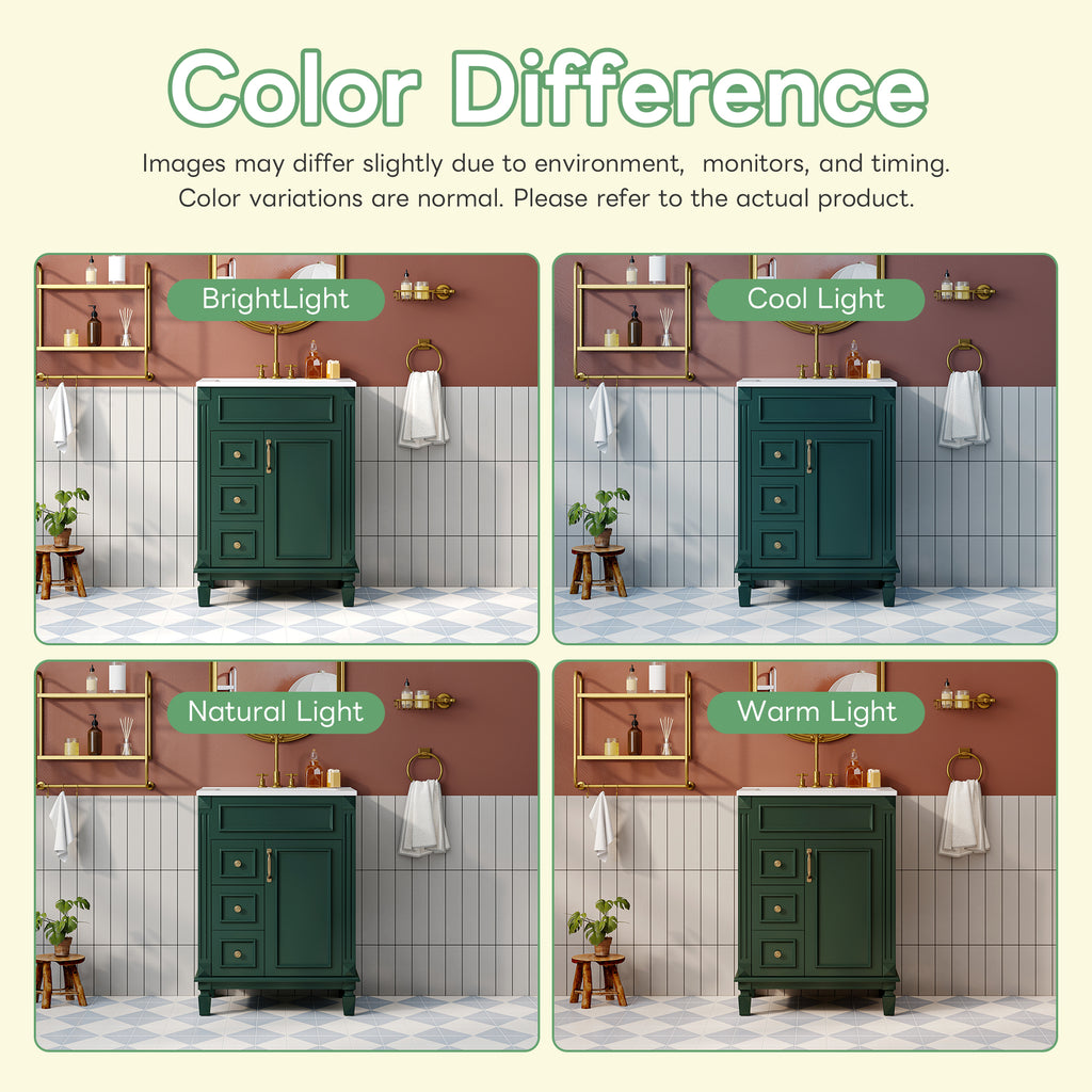 24' Bathroom Vanity with Ceramic Sink, Small Bathroom Sink Cabinet, Modern Cabinet with 2 Drawers and Adjustable Shelf