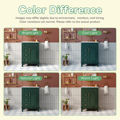 24' Bathroom Vanity with Ceramic Sink, Small Bathroom Sink Cabinet, Modern Cabinet with 2 Drawers and Adjustable Shelf