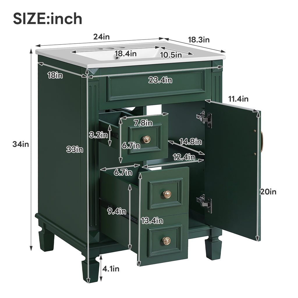 24' Bathroom Vanity with Ceramic Sink, Small Bathroom Sink Cabinet, Modern Cabinet with 2 Drawers and Adjustable Shelf