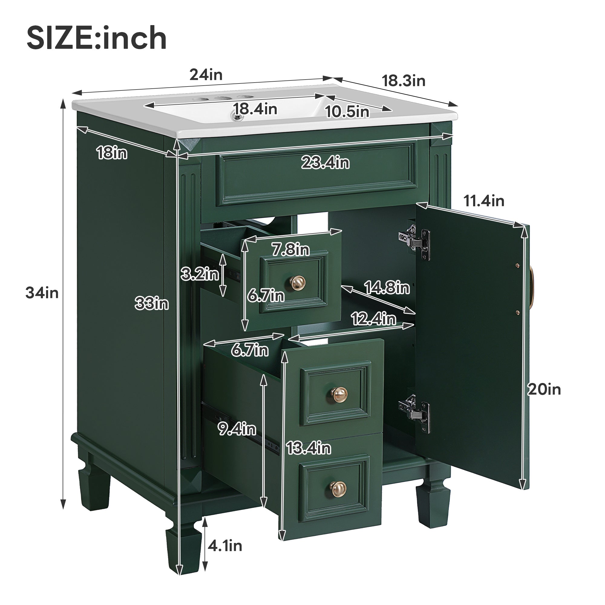 24' Bathroom Vanity with Ceramic Sink, Small Bathroom Sink Cabinet, Modern Cabinet with 2 Drawers and Adjustable Shelf