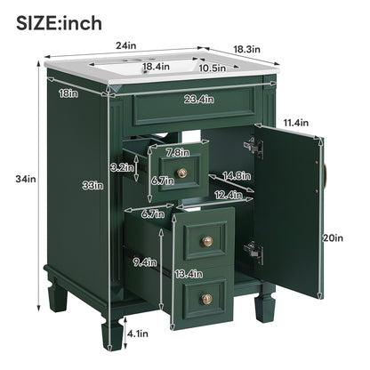 24' Bathroom Vanity with Ceramic Sink, Small Bathroom Sink Cabinet, Modern Cabinet with 2 Drawers and Adjustable Shelf