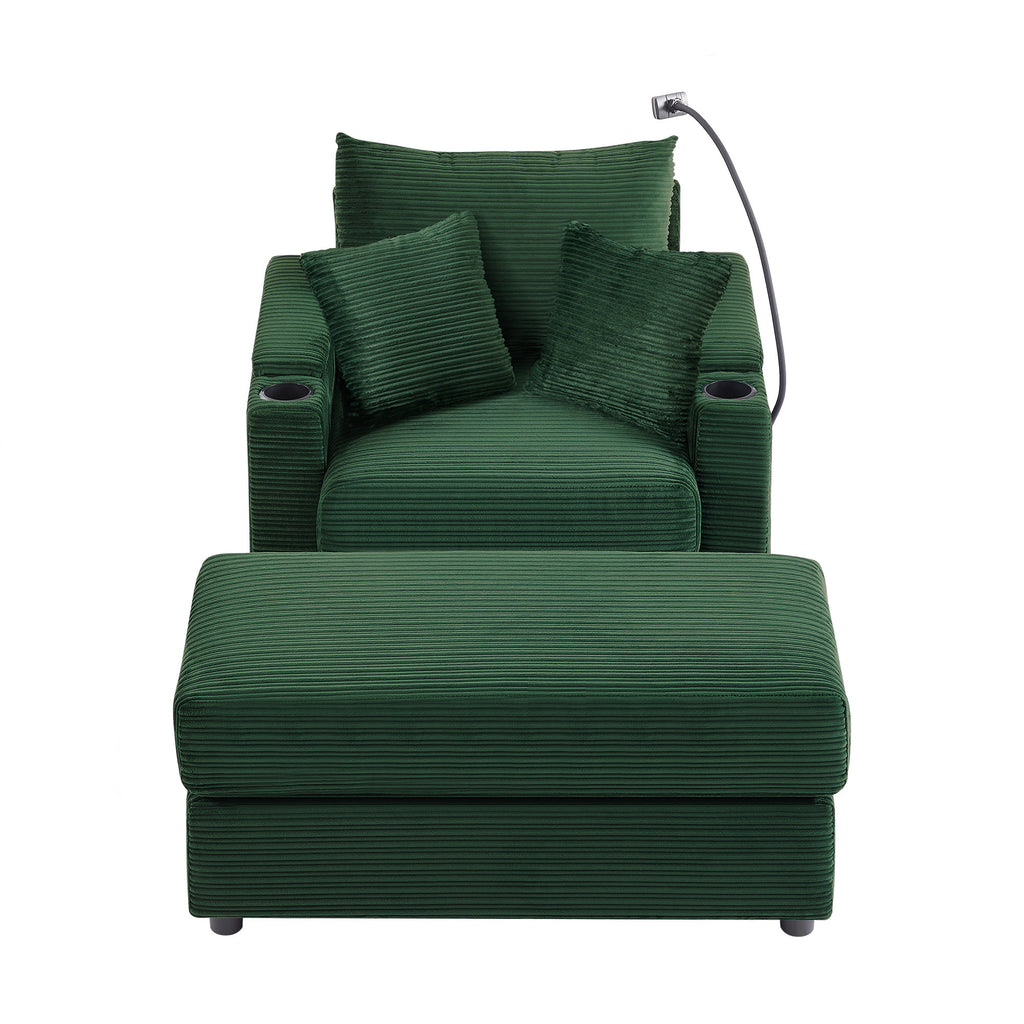41.7 Modern Style Single Sofa Sofa Couch with Storage Space, A Movable Ottoman, Two USB Ports, Two Cup Holders, A Phone Holder for Living Room, Green
