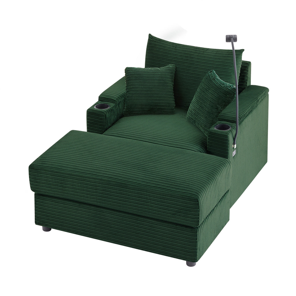 41.7 Modern Style Single Sofa Sofa Couch with Storage Space, A Movable Ottoman, Two USB Ports, Two Cup Holders, A Phone Holder for Living Room, Green