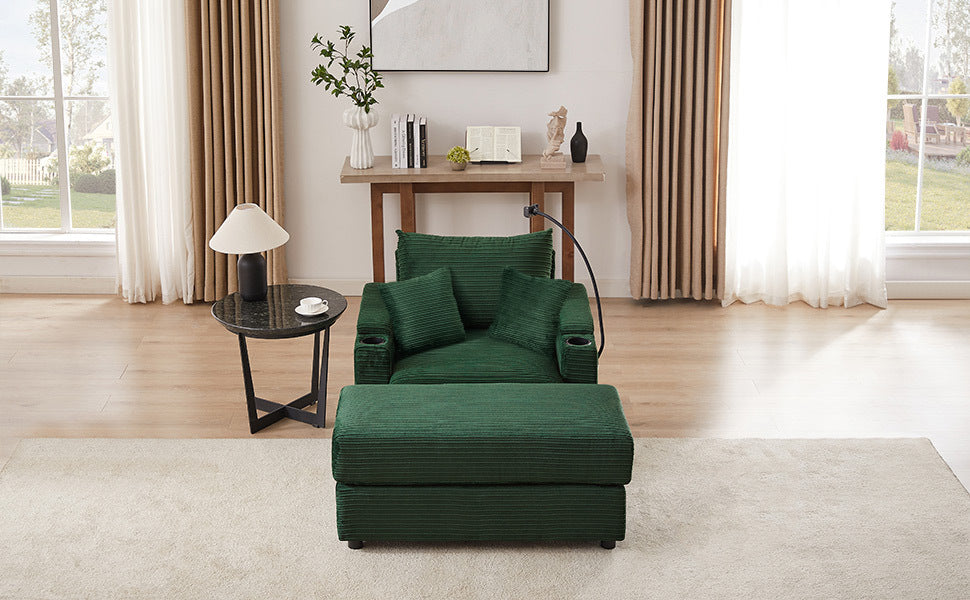 41.7 Modern Style Single Sofa Sofa Couch with Storage Space, A Movable Ottoman, Two USB Ports, Two Cup Holders, A Phone Holder for Living Room, Green