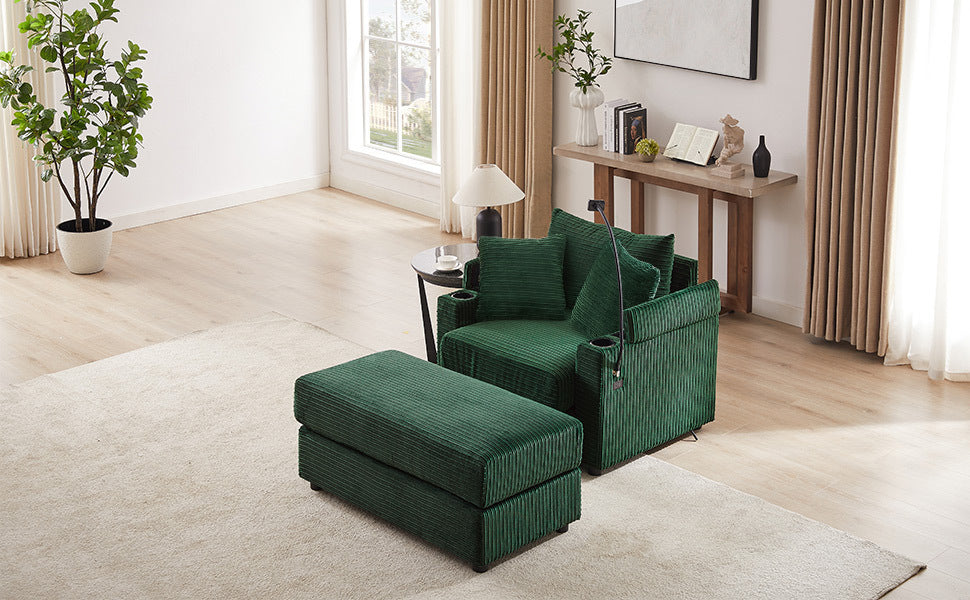 41.7 Modern Style Single Sofa Sofa Couch with Storage Space, A Movable Ottoman, Two USB Ports, Two Cup Holders, A Phone Holder for Living Room, Green