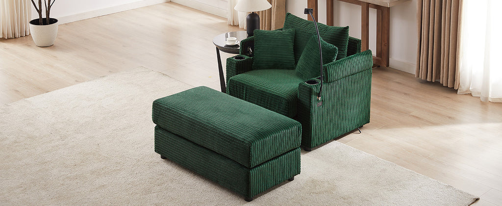 41.7 Modern Style Single Sofa Sofa Couch with Storage Space, A Movable Ottoman, Two USB Ports, Two Cup Holders, A Phone Holder for Living Room, Green