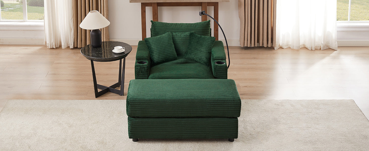 41.7 Modern Style Single Sofa Sofa Couch with Storage Space, A Movable Ottoman, Two USB Ports, Two Cup Holders, A Phone Holder for Living Room, Green