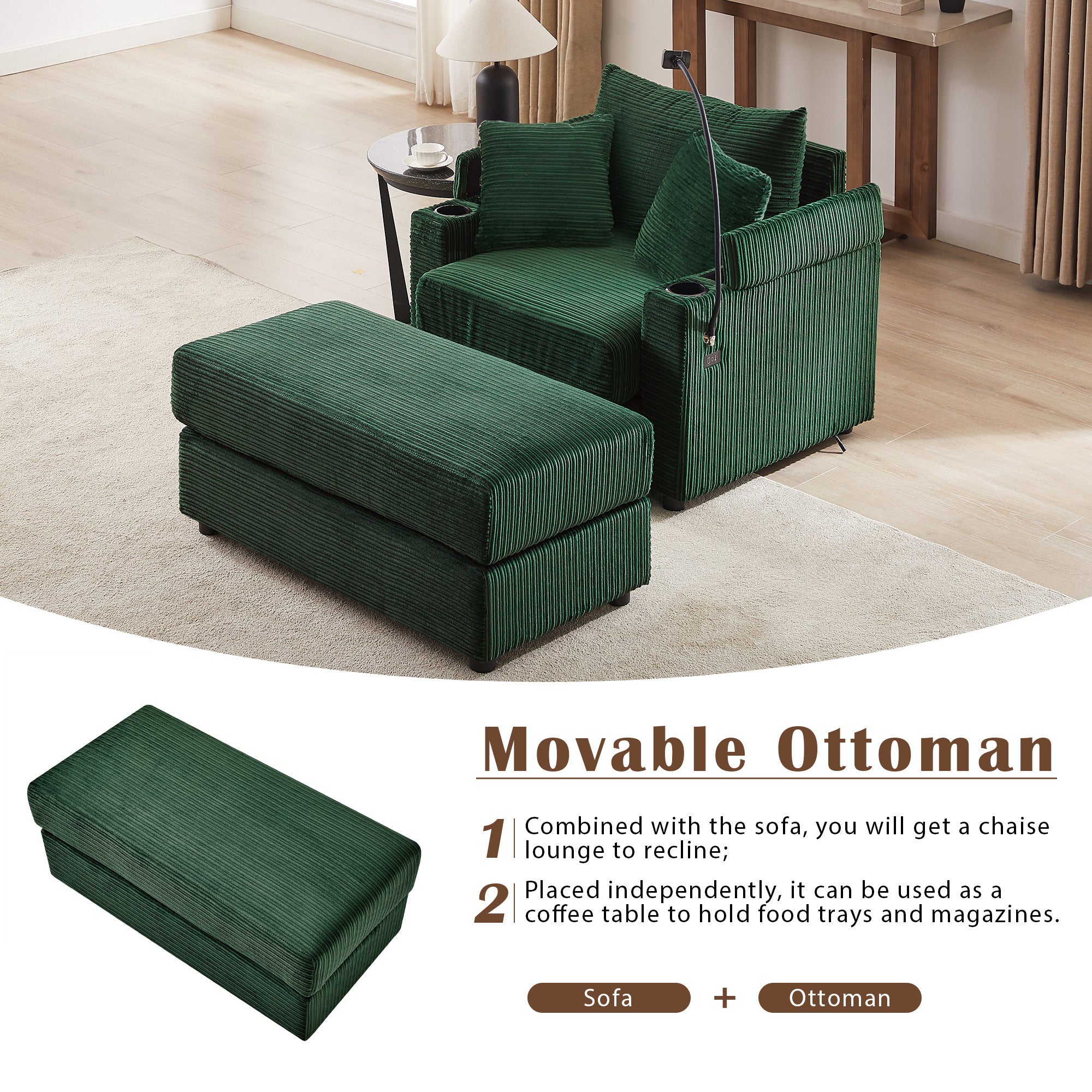 41.7 Modern Style Single Sofa Sofa Couch with Storage Space, A Movable Ottoman, Two USB Ports, Two Cup Holders, A Phone Holder for Living Room, Green