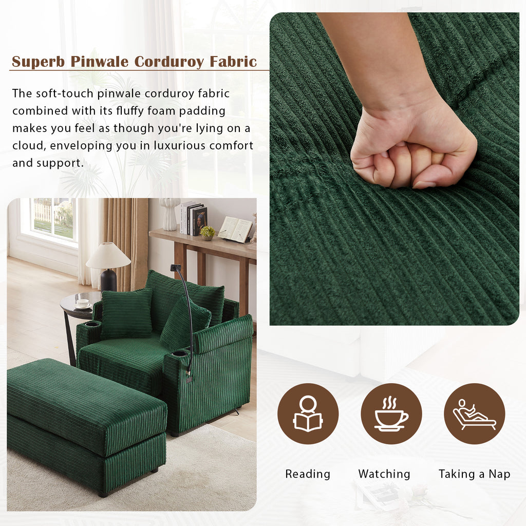 41.7 Modern Style Single Sofa Sofa Couch with Storage Space, A Movable Ottoman, Two USB Ports, Two Cup Holders, A Phone Holder for Living Room, Green