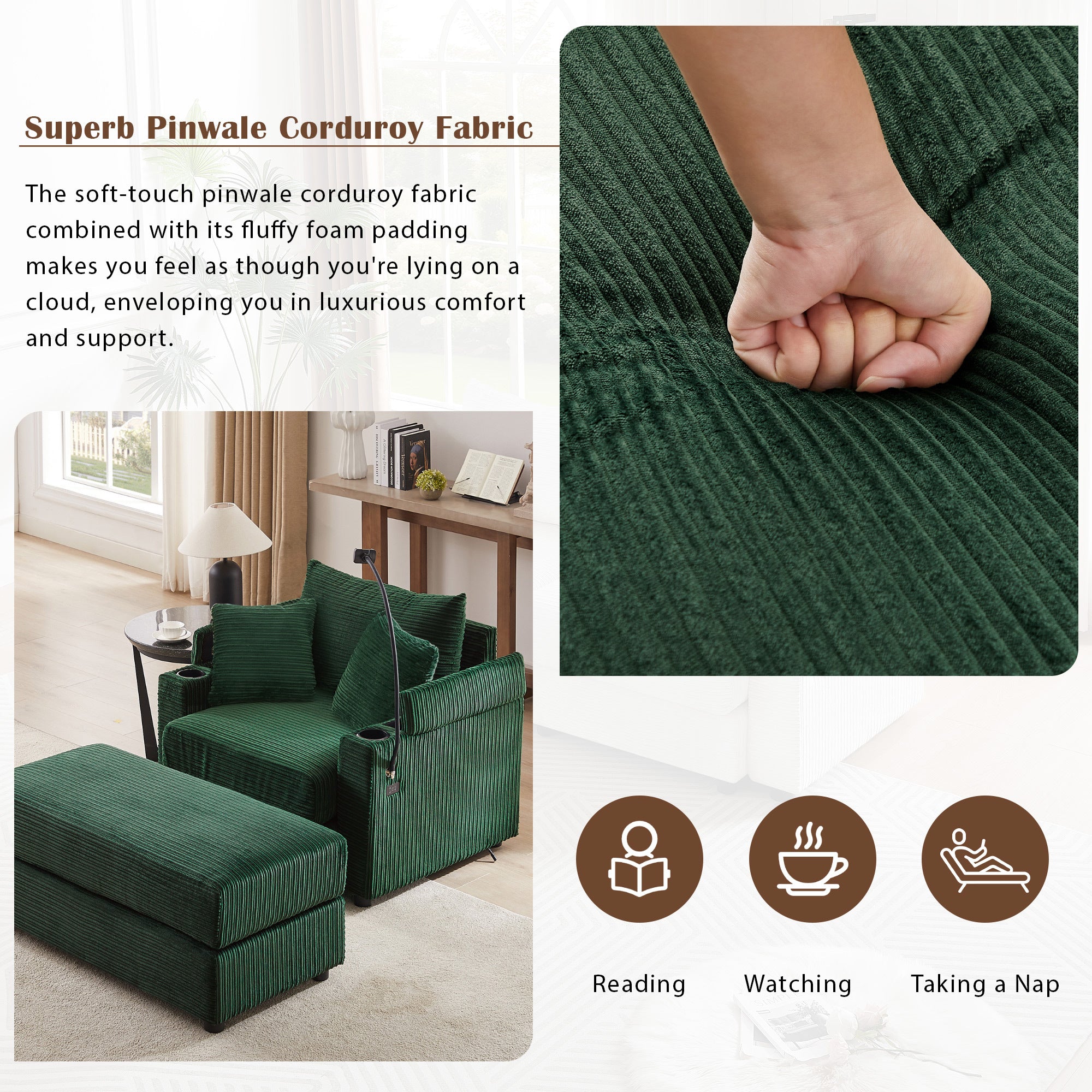 41.7 Modern Style Single Sofa Sofa Couch with Storage Space, A Movable Ottoman, Two USB Ports, Two Cup Holders, A Phone Holder for Living Room, Green