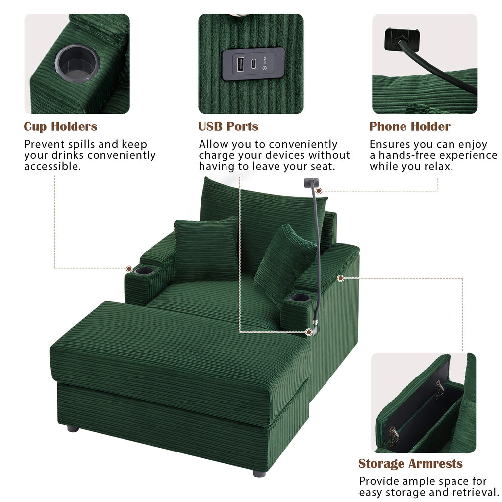 41.7 Modern Style Single Sofa Sofa Couch with Storage Space, A Movable Ottoman, Two USB Ports, Two Cup Holders, A Phone Holder for Living Room, Green