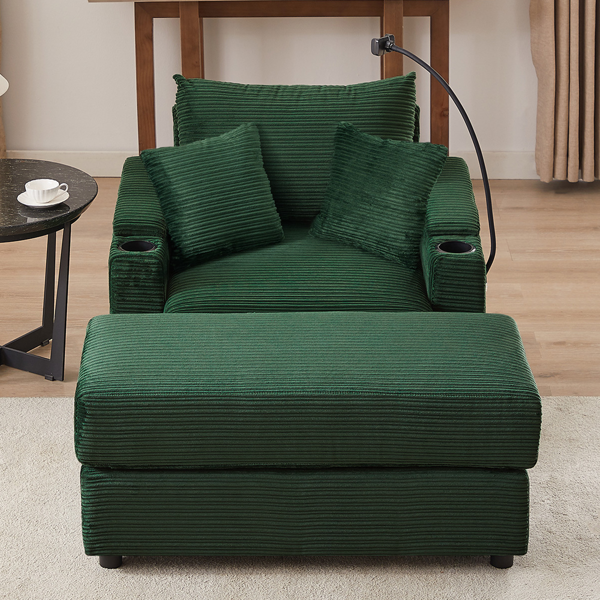 41.7 Modern Style Single Sofa Sofa Couch with Storage Space, A Movable Ottoman, Two USB Ports, Two Cup Holders, A Phone Holder for Living Room, Green
