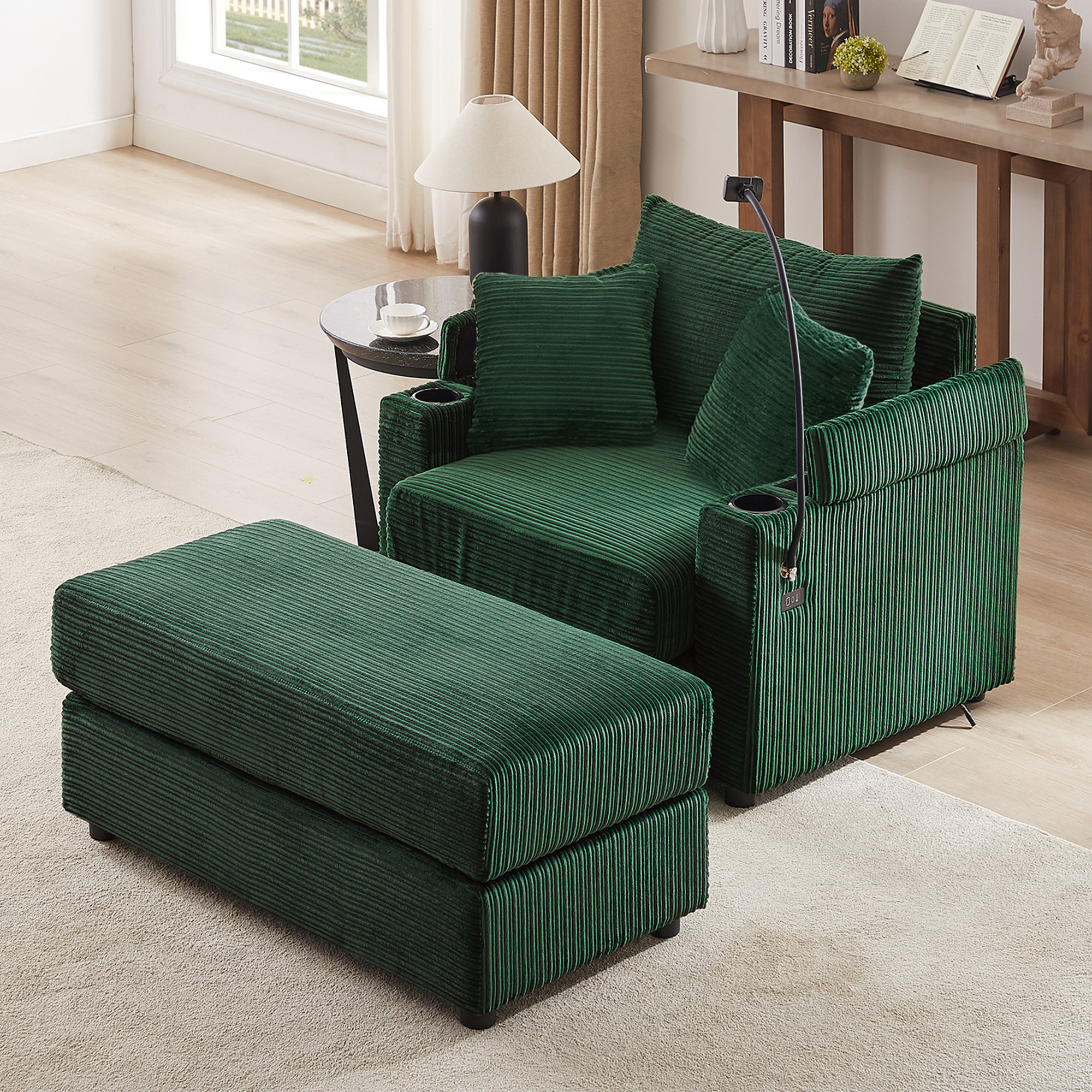 41.7 Modern Style Single Sofa Sofa Couch with Storage Space, A Movable Ottoman, Two USB Ports, Two Cup Holders, A Phone Holder for Living Room, Green