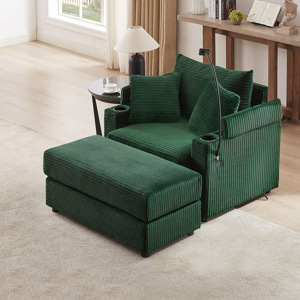 41.7 Modern Style Single Sofa Sofa Couch with Storage Space, A Movable Ottoman, Two USB Ports, Two Cup Holders, A Phone Holder for Living Room, Green