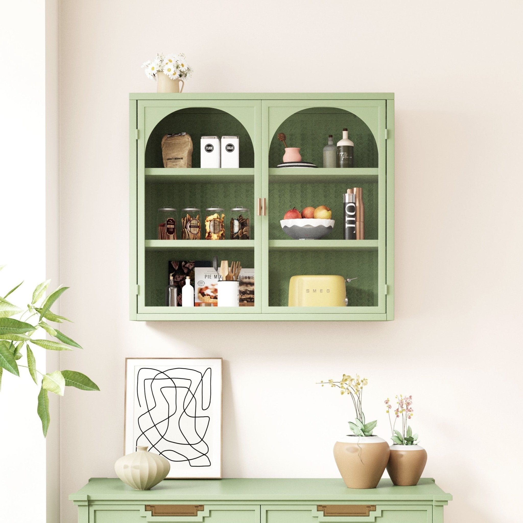 27.56"Glass Doors Modern Two-door Wall Cabinet with Featuring Three-tier Storage for Entryway Living Room Bathroom Dining Room,Wall Cabinet with Characteristic Woven Pattern,Green - Groovy Boardz