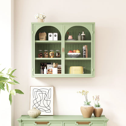 27.56"Glass Doors Modern Two-door Wall Cabinet with Featuring Three-tier Storage for Entryway Living Room Bathroom Dining Room,Wall Cabinet with Characteristic Woven Pattern,Green - Groovy Boardz