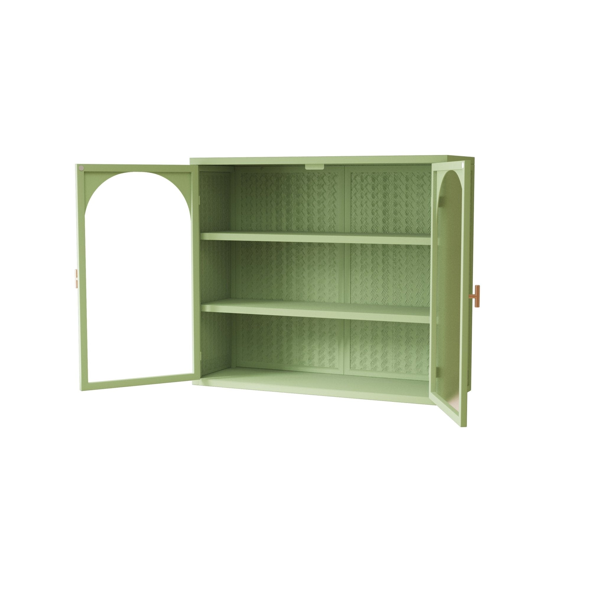 27.56"Glass Doors Modern Two-door Wall Cabinet with Featuring Three-tier Storage for Entryway Living Room Bathroom Dining Room,Wall Cabinet with Characteristic Woven Pattern,Green - Groovy Boardz