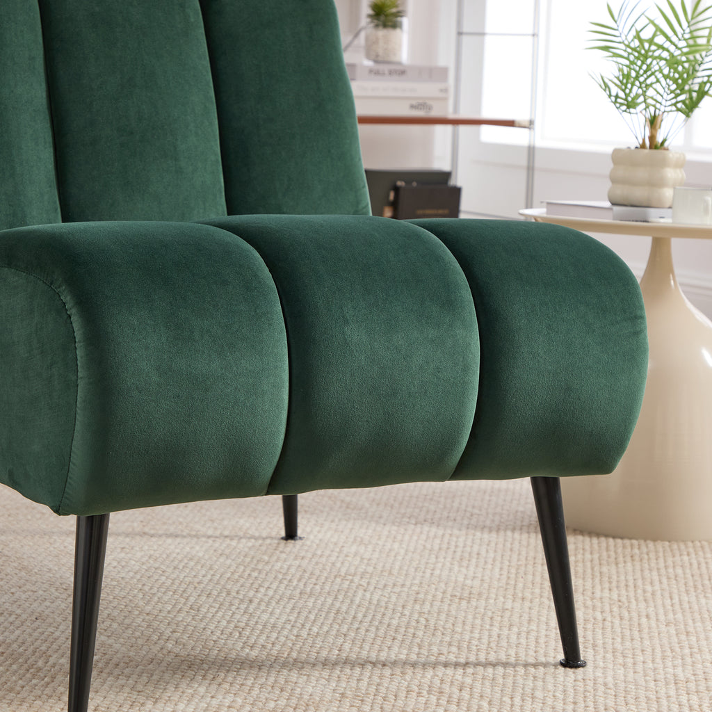 Modern Velvet Upholstered Armless Chair with Black Metal Legs for Living Room, Bedroom, Office, Green