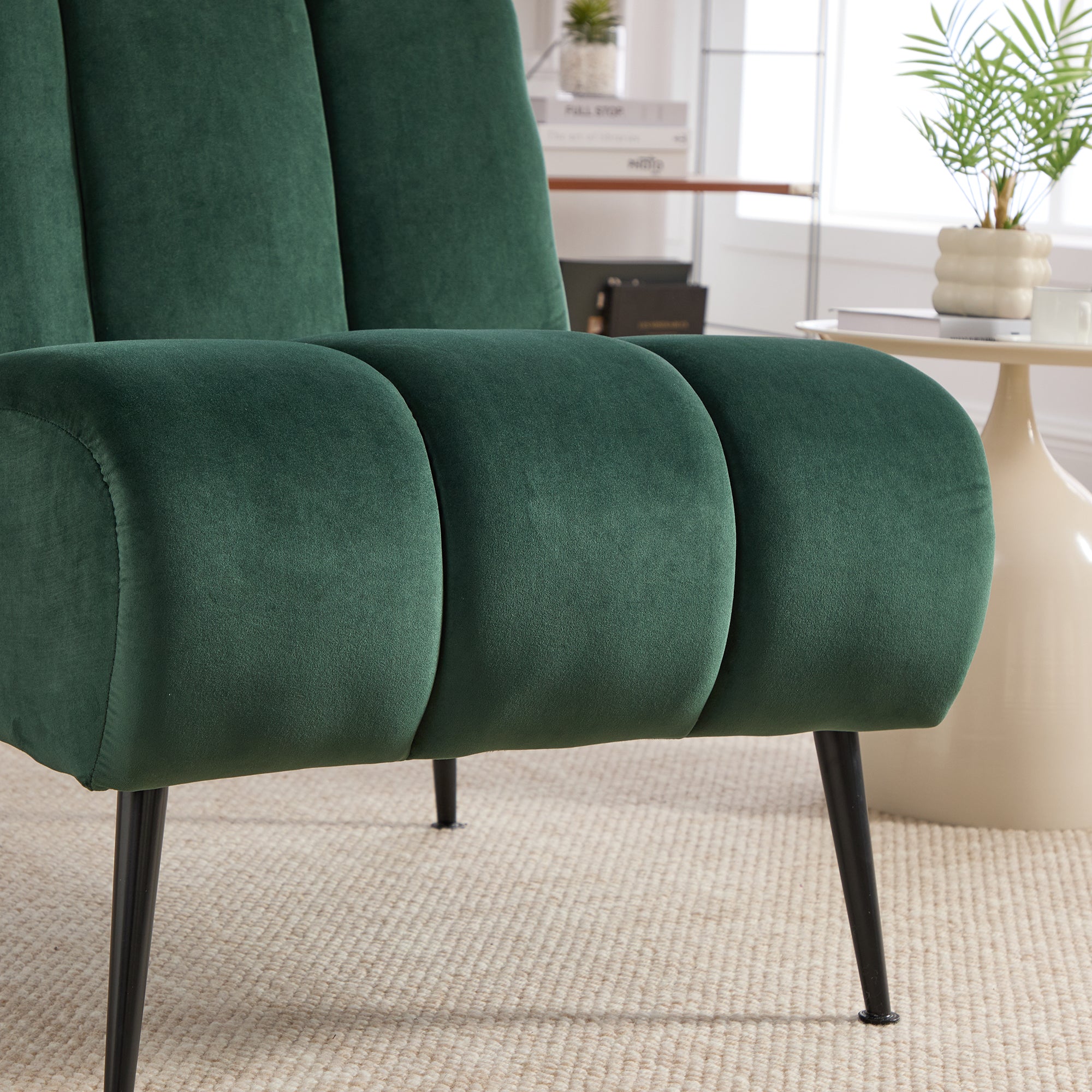 Modern Velvet Upholstered Armless Chair with Black Metal Legs for Living Room, Bedroom, Office, Green