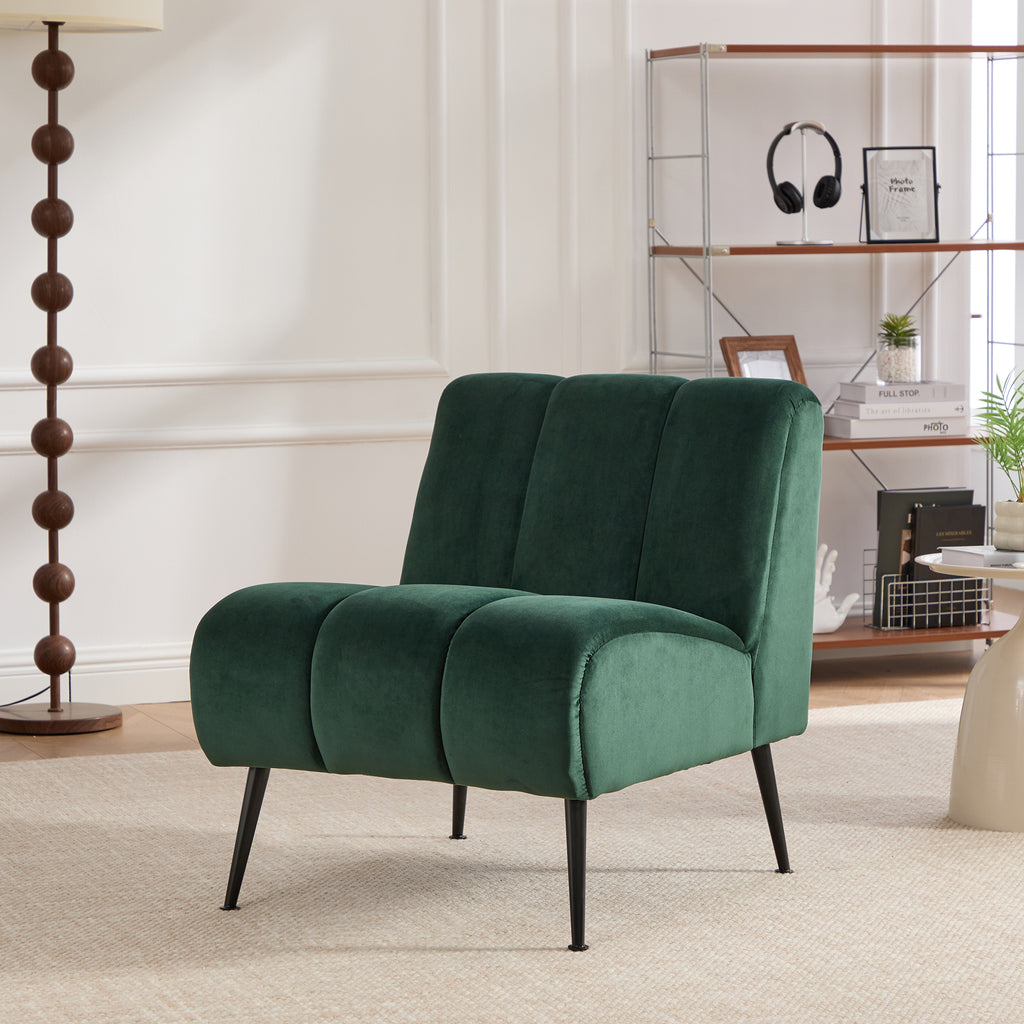 Modern Velvet Upholstered Armless Chair with Black Metal Legs for Living Room, Bedroom, Office, Green