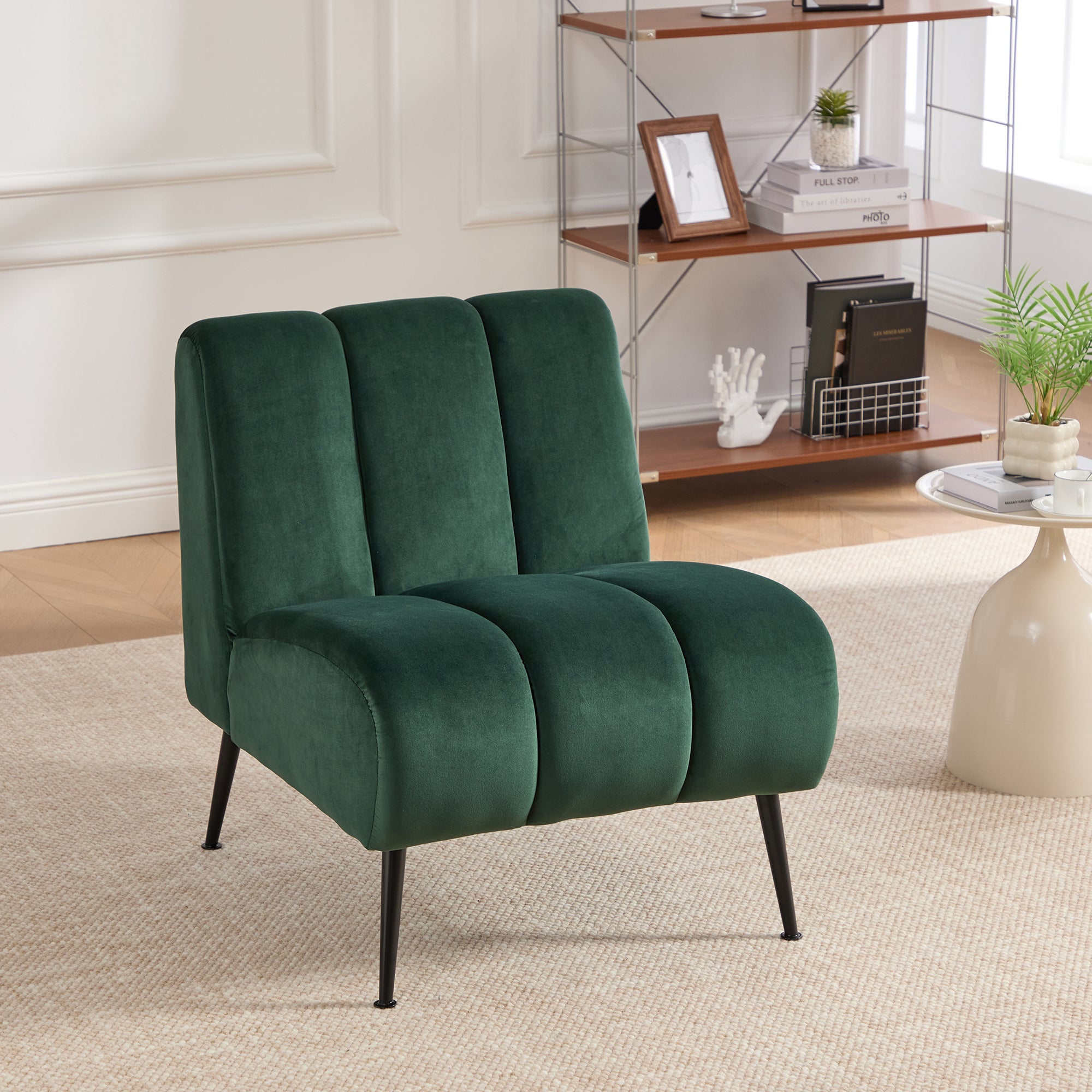 Modern Velvet Upholstered Armless Chair with Black Metal Legs for Living Room, Bedroom, Office, Green