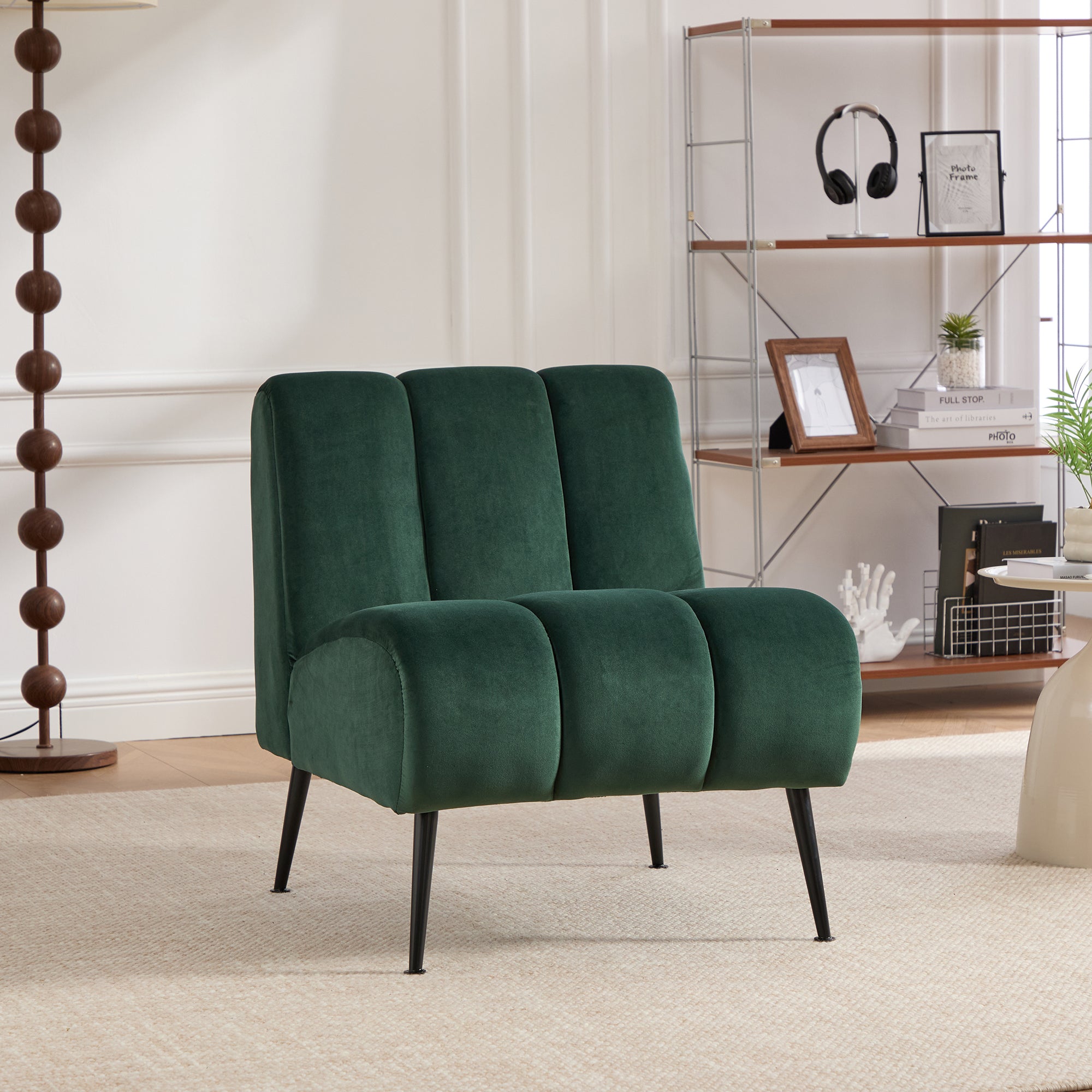 Modern Velvet Upholstered Armless Chair with Black Metal Legs for Living Room, Bedroom, Office, Green