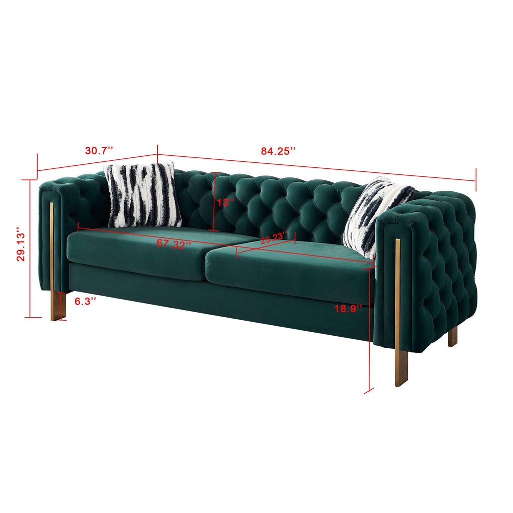 Modern Green Velvet Chesterfield Tufted Sofa, 84.25" W.