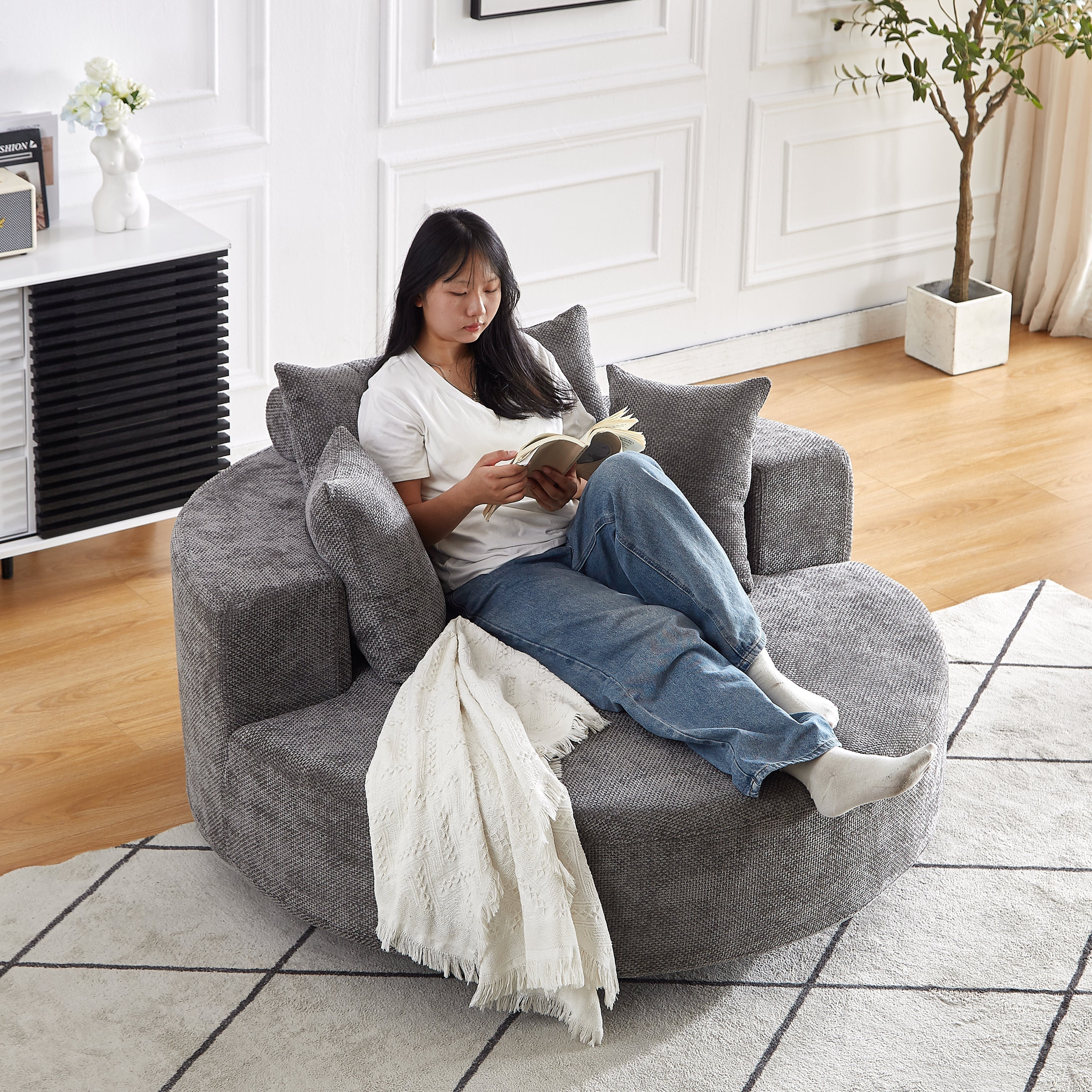 55''L Chenille Foam Single Swivel Chair, Fluffy Modern Sleeper, 360 Degree Swivel Chair for Living Room, Bedroom, Lounge and Projection Room - Groovy Boardz