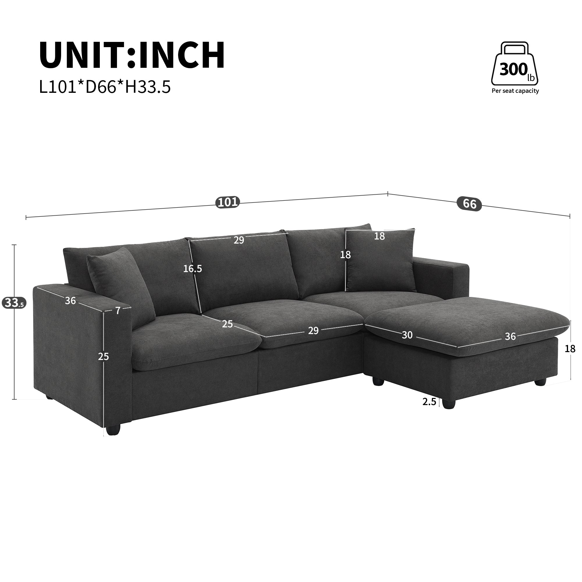 [VIDEO provided] [New] 100.4*64.6' Modern Sectional Sofa,L-shaped Couch Set with 2 Free pillows,4-seat Polyester Fabric Couch Set with Convertible Ottoman for Living Room, Apartment, Office,4 Colors
