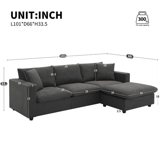 [VIDEO provided] [New] 100.4*64.6' Modern Sectional Sofa,L-shaped Couch Set with 2 Free pillows,4-seat Polyester Fabric Couch Set with Convertible Ottoman for Living Room, Apartment, Office,4 Colors