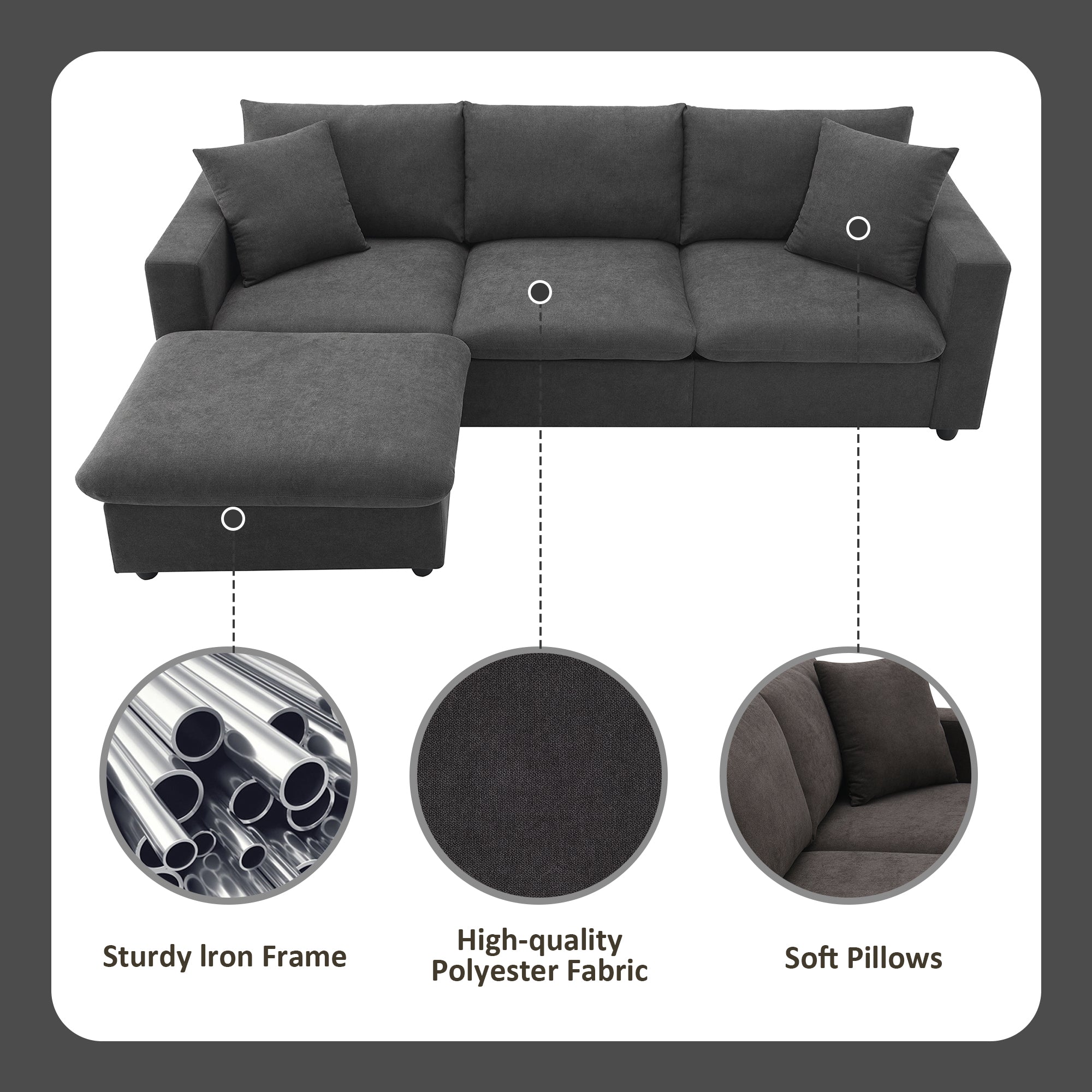 [VIDEO provided] [New] 100.4*64.6' Modern Sectional Sofa,L-shaped Couch Set with 2 Free pillows,4-seat Polyester Fabric Couch Set with Convertible Ottoman for Living Room, Apartment, Office,4 Colors