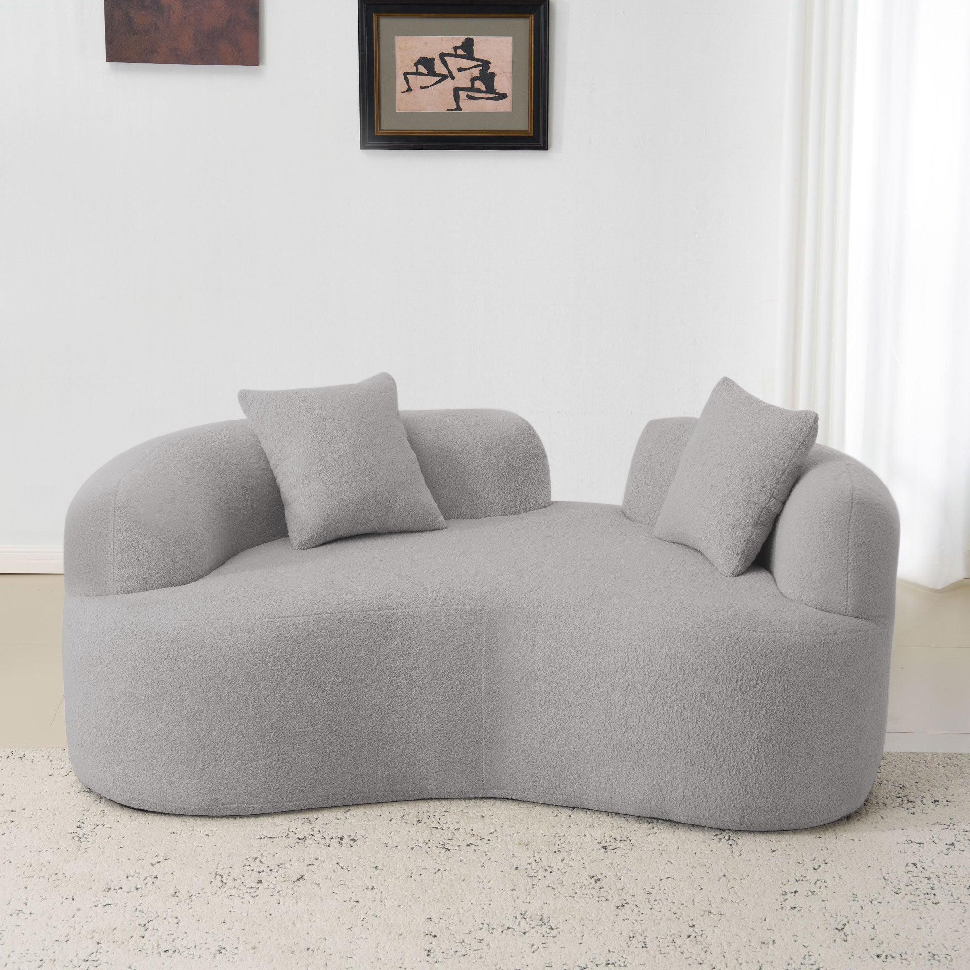 66.93 Inch Curved Loveseat Grey Full Compression Sponge Sofa, Teddy Velvet Fabric, No-Assembly Compact Sofa for Small Spaces & Apartments, 350 lbs Capacity
